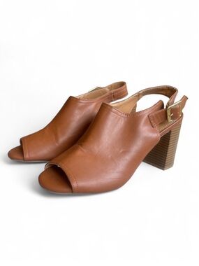 Faux Leather Sling Back Chunky Heel Open Toe w/ Peep Toe | Cognac Brown - 9